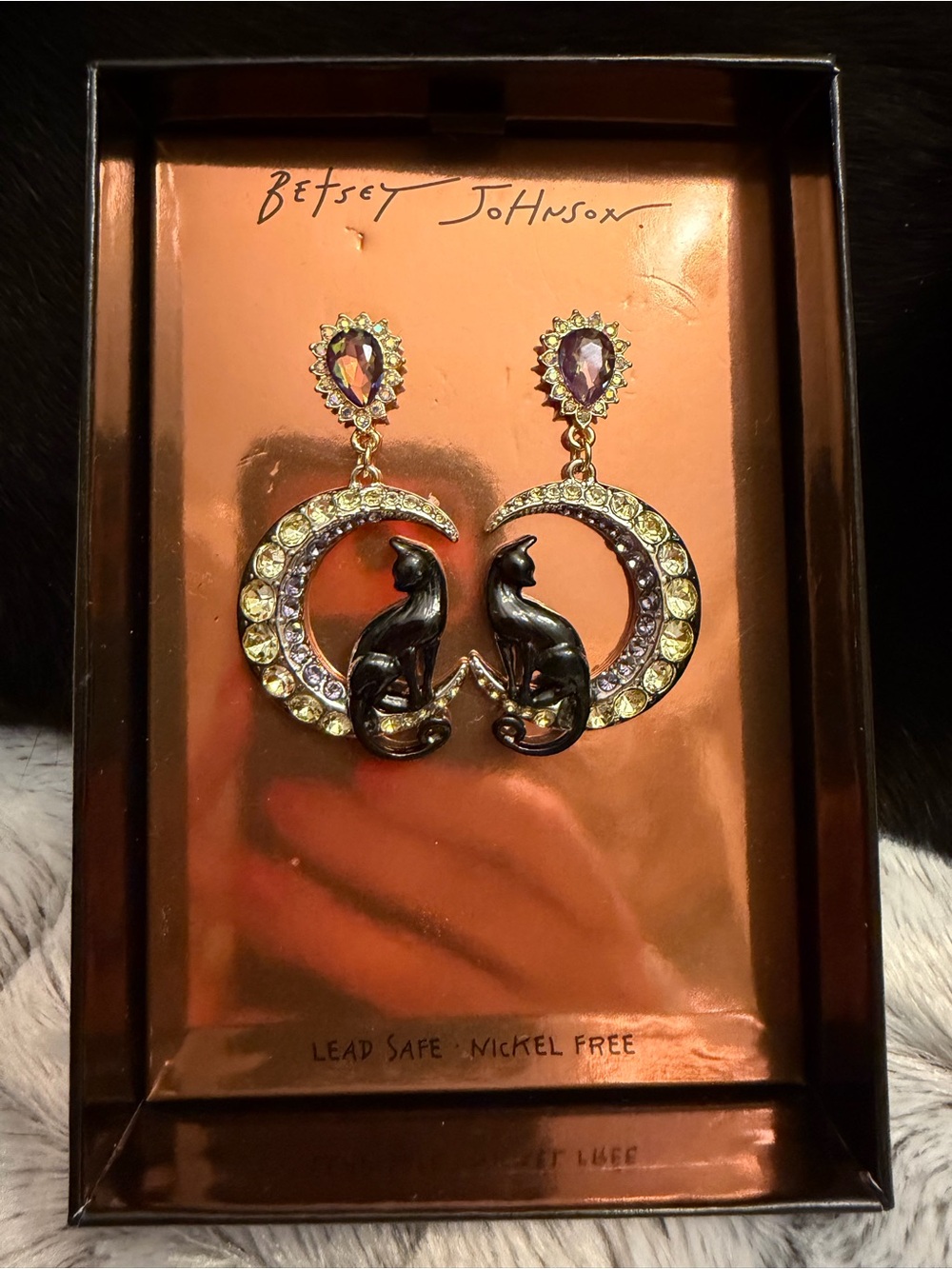 Betsey Johnson Black Cat Crescent Moon Drop Earrings